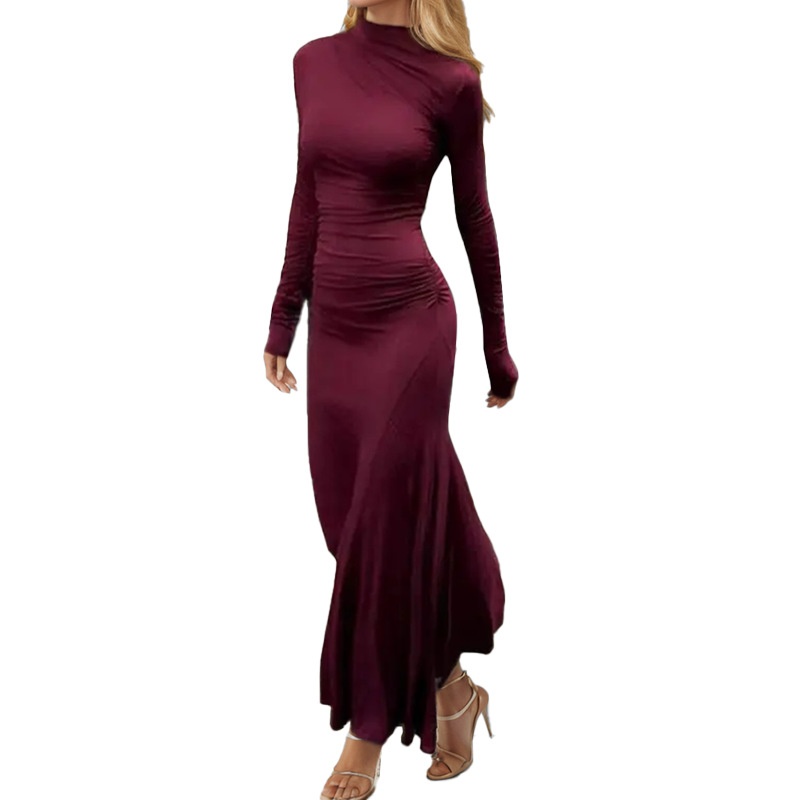 Elegantes, einfarbiges, gerafftes, figurbetontes Langarmkleid für Damen (Frühjahr 2026) – Neue europäische und amerikanische Modetrends_voghion.com