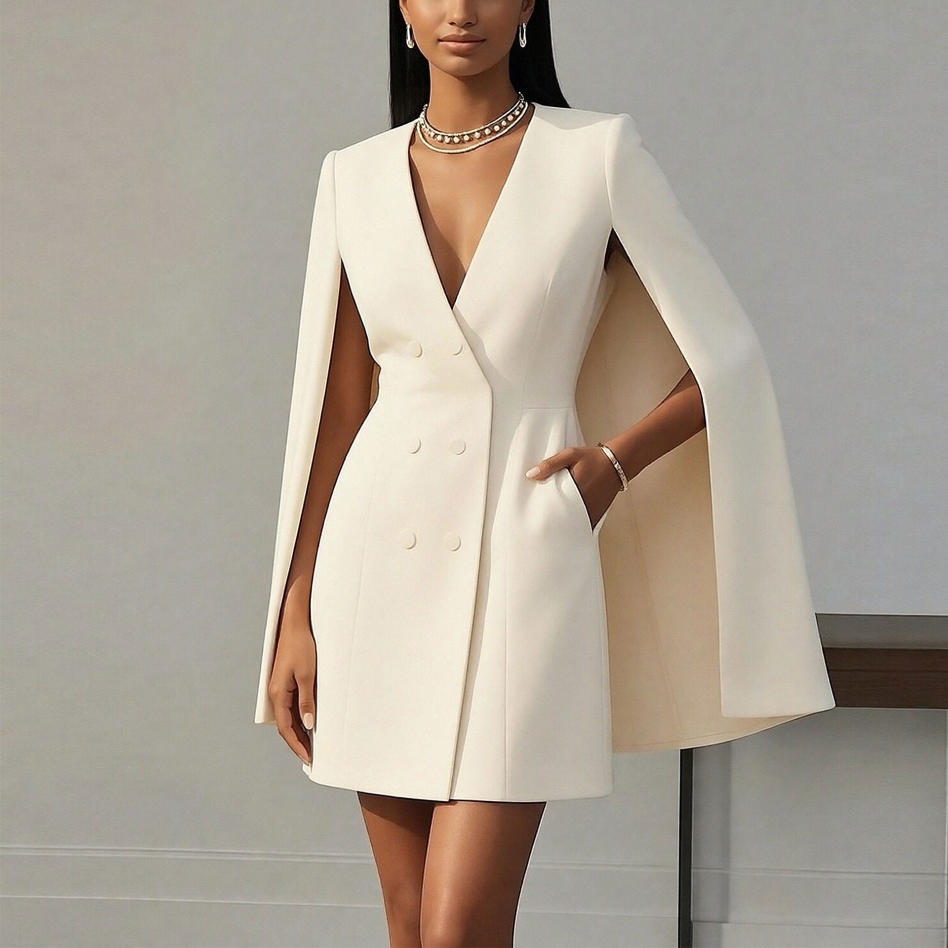 2026 Spring European And American Cross-Border Commuting Double-Breasted Shawl Cape Solid Color Suit Dress_voghion.com