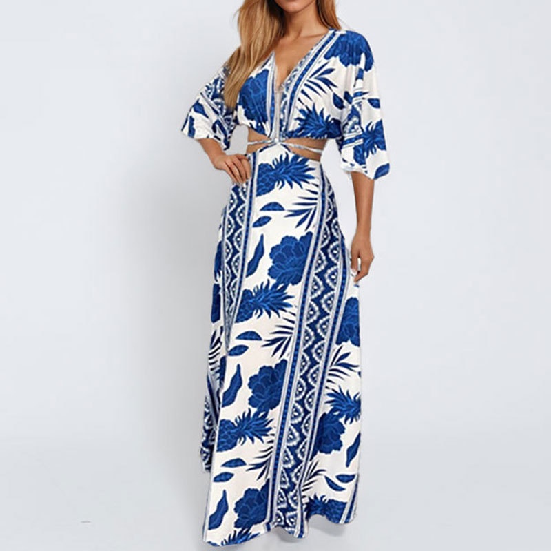 Fashionable Women's V-neck Printed Strap Dress For Plus Size_voghion.com