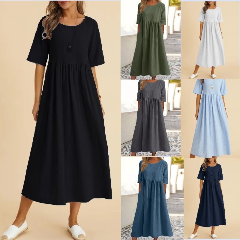 European And American Women's Clothing Plus-size Loose Cotton-linen Round-neck Pocketed Mid-length Dress With_voghion.com