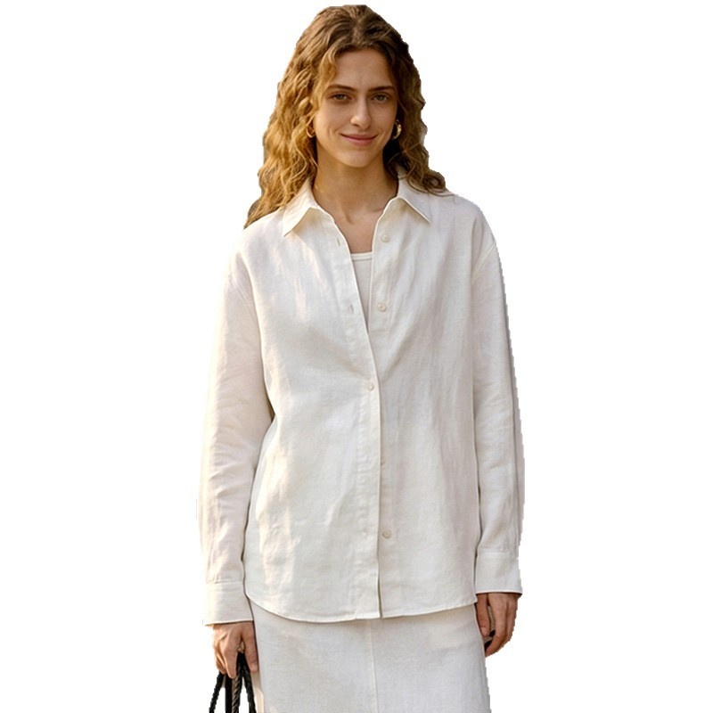 Giacca bianca in puro cotone stile francese con colletto risvoltato, maglia a maniche lunghe da donna, adatta per la primavera e l'autunno._voghion.com