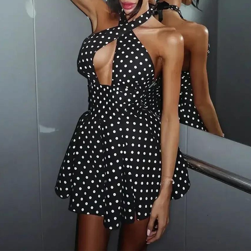 Women's Cross-neck Polka Dot Mini Dress Plus Size Elegant Style_voghion.com