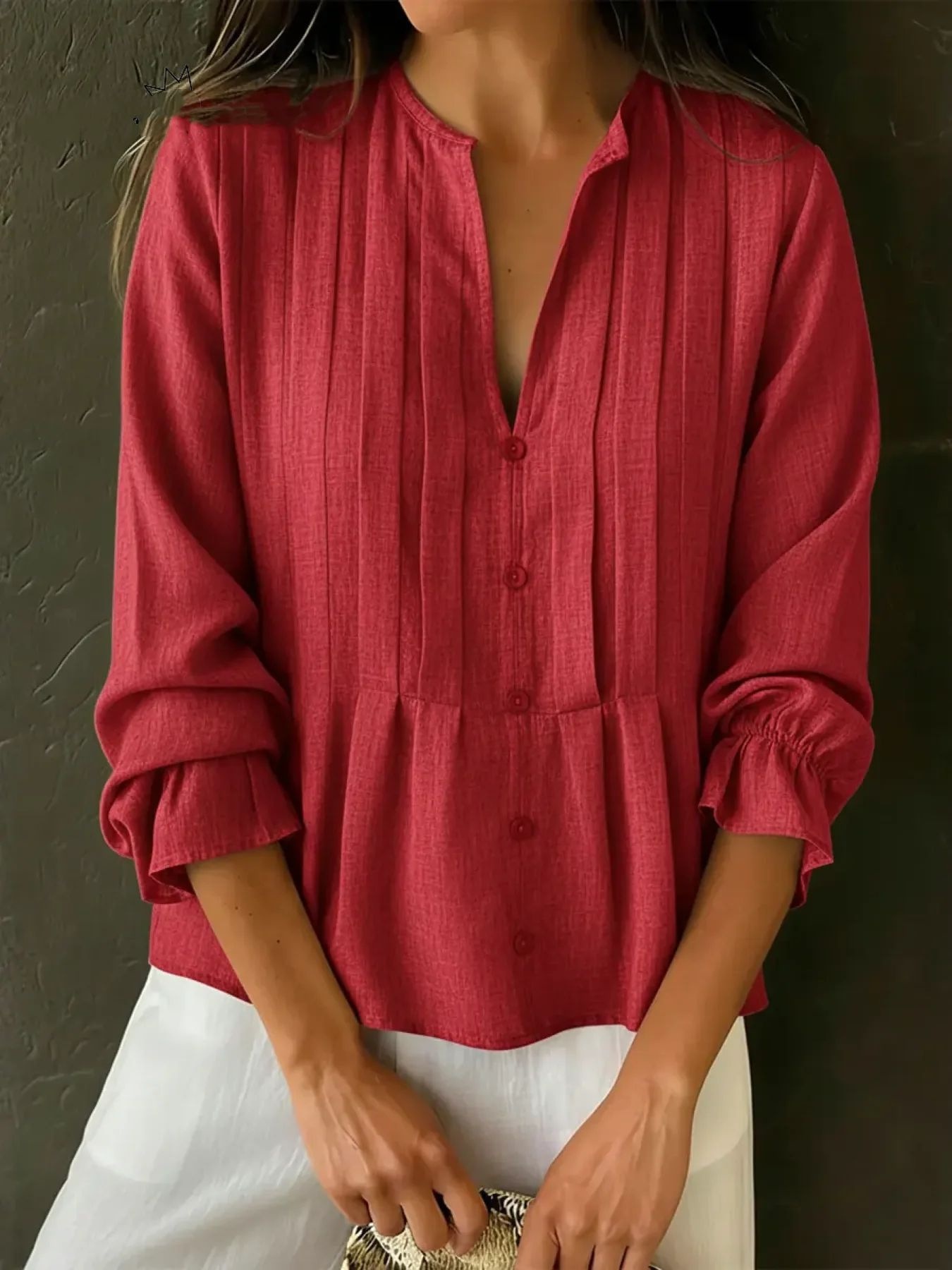 Women's V-neck Blouse Casual Long Sleeve Solid Colour Top For Spring_voghion.com