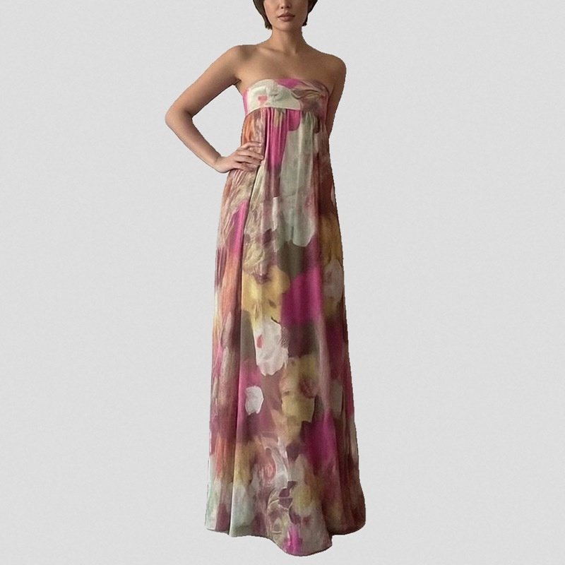 2026 Spring New Cross-Border European And American Women's Sexy Printed Strapless Elegant Commuting Fashion Long Dress_voghion.com