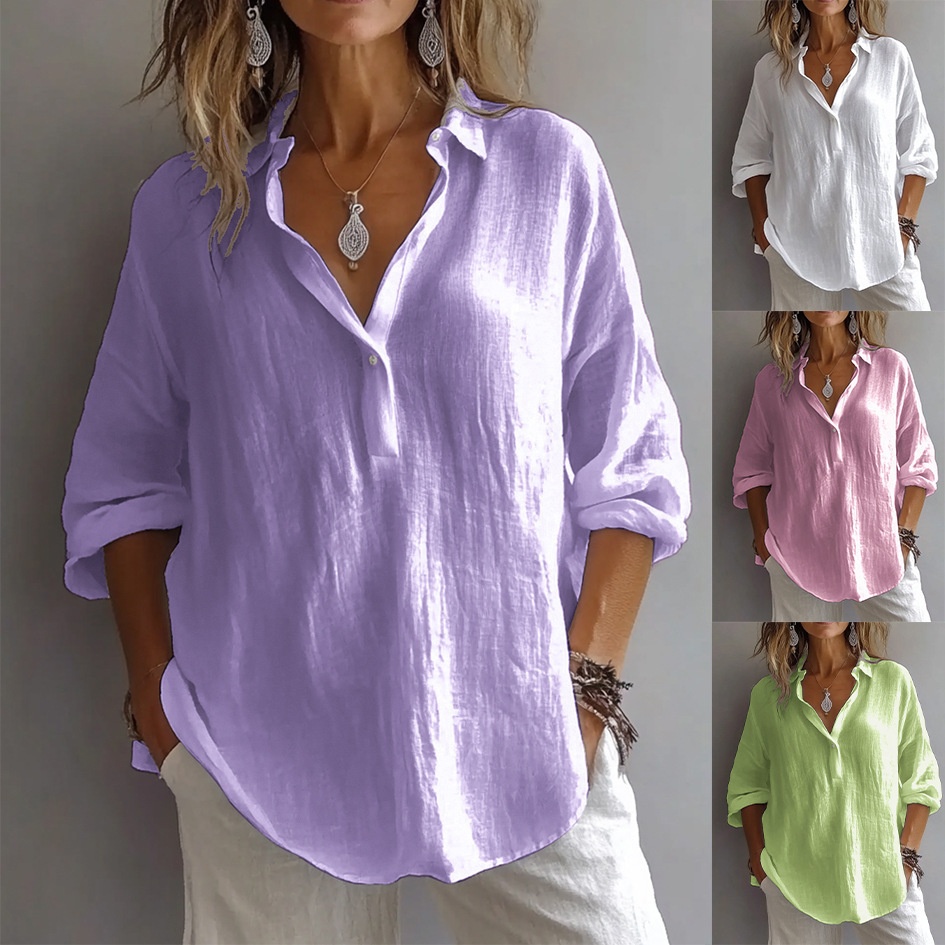 Loose V-neck Blouse For Women Solid Colour Long Sleeve Top_voghion.com