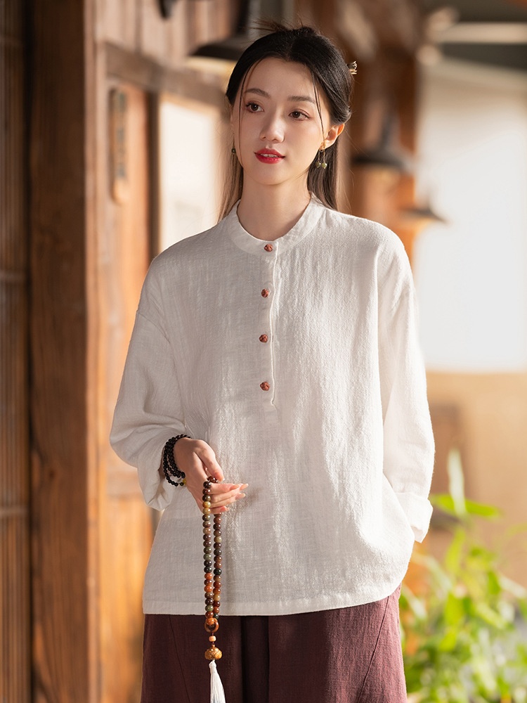 2026 Spring/Summer New Clothing: Linen Stand Collar Color-Block Button-Up Pullover Plus Size Top, Women's Cotton-Linen_voghion.com