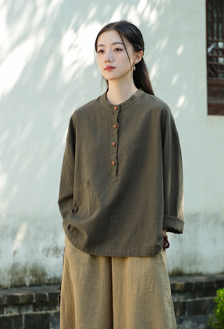 Women's Linen Blend Stand Collar Button Up Pullover Blouse Top_voghion.com