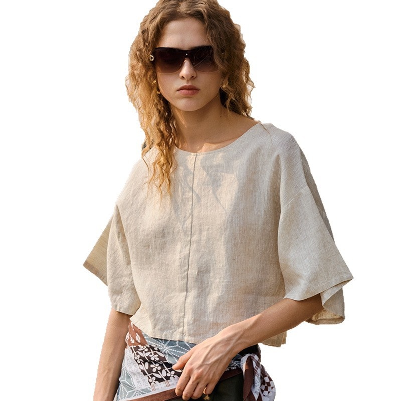 Pure Round-neck, Drop-shoulder, Short-sleeve Women's Old Money Linen Top With Three-quarter Sleeves, New Summer Style_voghion.com