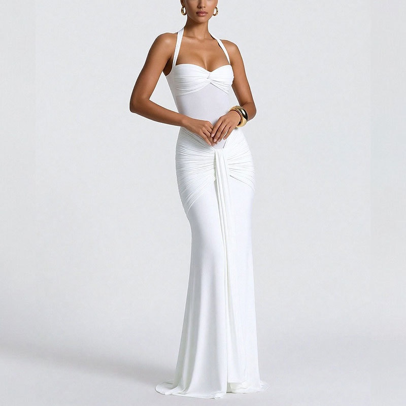 2026 Spring New Women's Clothing European And American Cross-Border Halter Neck Tie Mesh Bodycon Long Dress_voghion.com