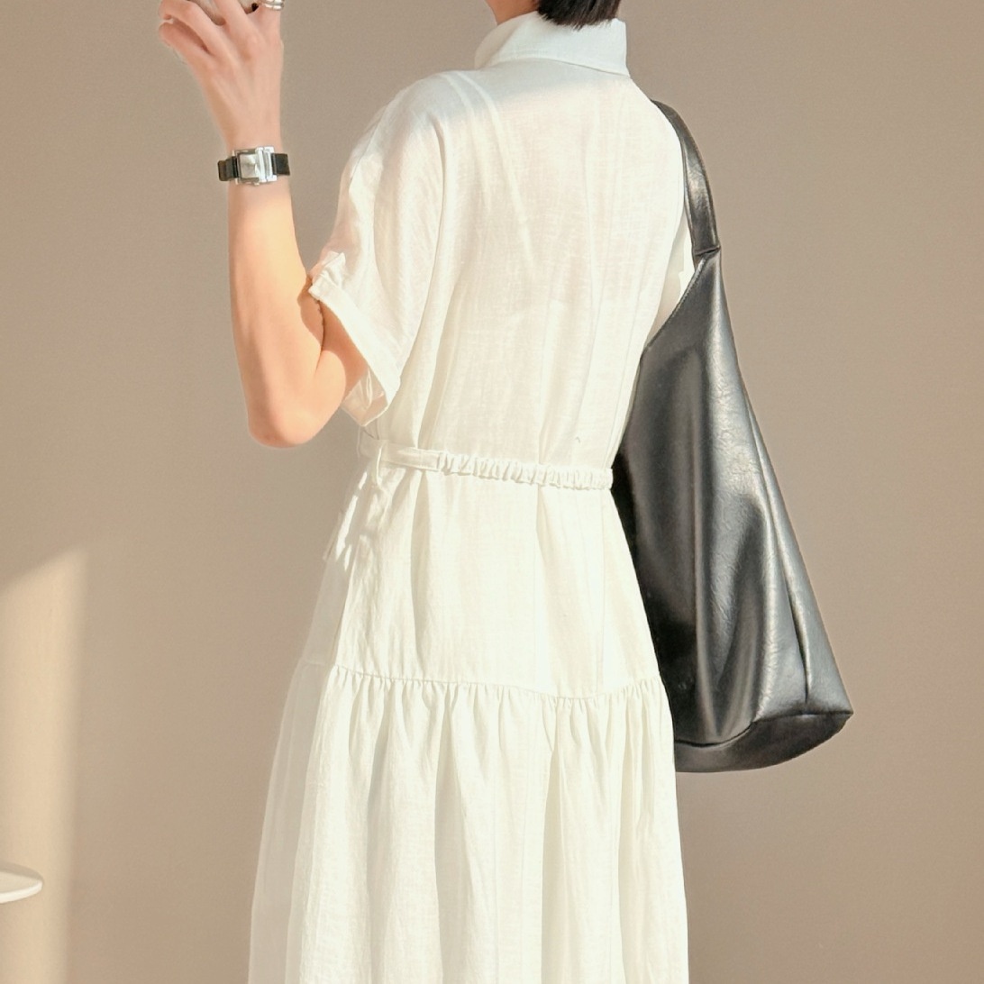Original Design Clothing, Nanyou Summer New Style, French-style Linen Women's Dress With Belt, Shirt-style Dress_voghion.com