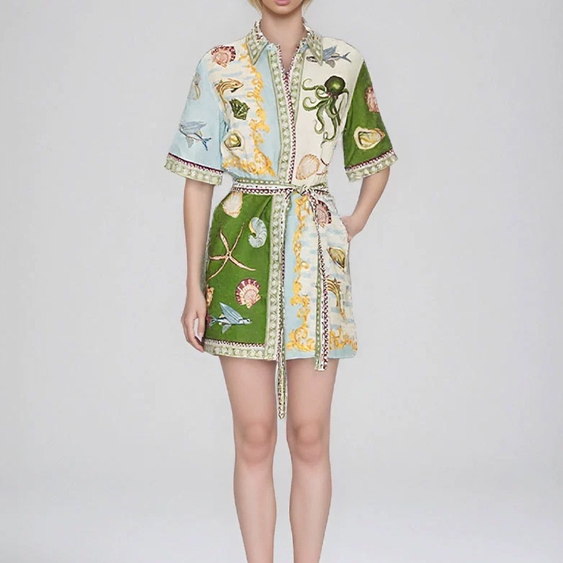 2026 Spring New Cross-Border European And American Women's Fashion Printed Elegant Collar Tie Short Sleeve Dress_voghion.com