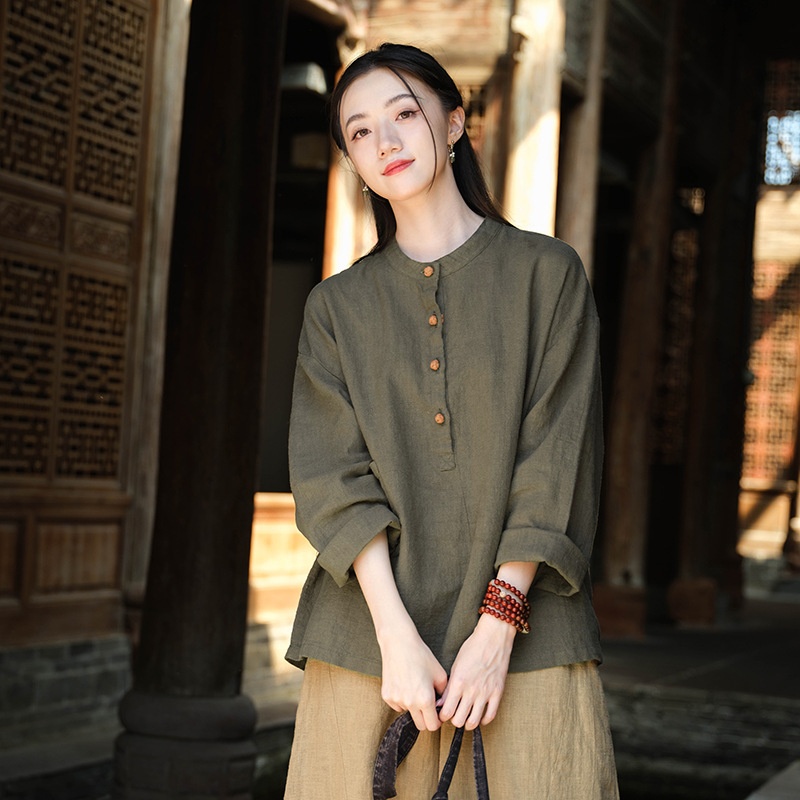 2026 Spring/Summer New Clothing: Linen Stand Collar Color-Block Button-Up Pullover Plus Size Top, Women's Cotton-Linen_voghion.com