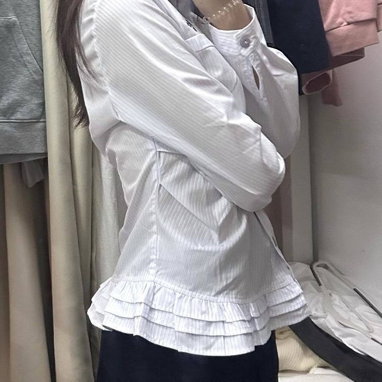Camicia a maniche lunghe a righe in stile giapponese, adatta per la primavera e l'autunno, con orlo a balze, un top grazioso._voghion.com