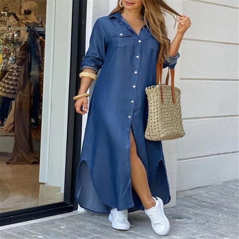 Damen Kleid Modisches Sexy Langarmhemd Mit Knopfleiste_voghion.com