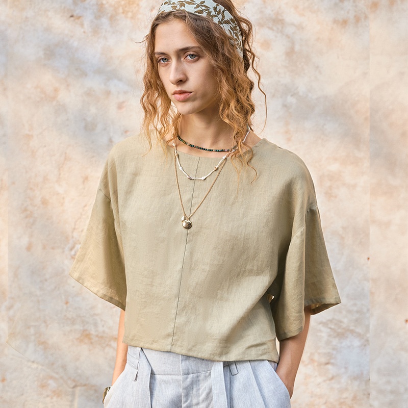 Pure Round-neck, Drop-shoulder, Short-sleeve Women's Old Money Linen Top With Three-quarter Sleeves, New Summer Style_voghion.com