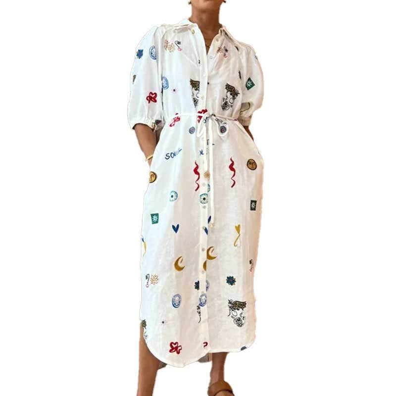 2026 Spring New European And American Women's Fashion Loose Printed Turn-Down Collar Tie Bubble Sleeve Shirt Long Dress_voghion.com
