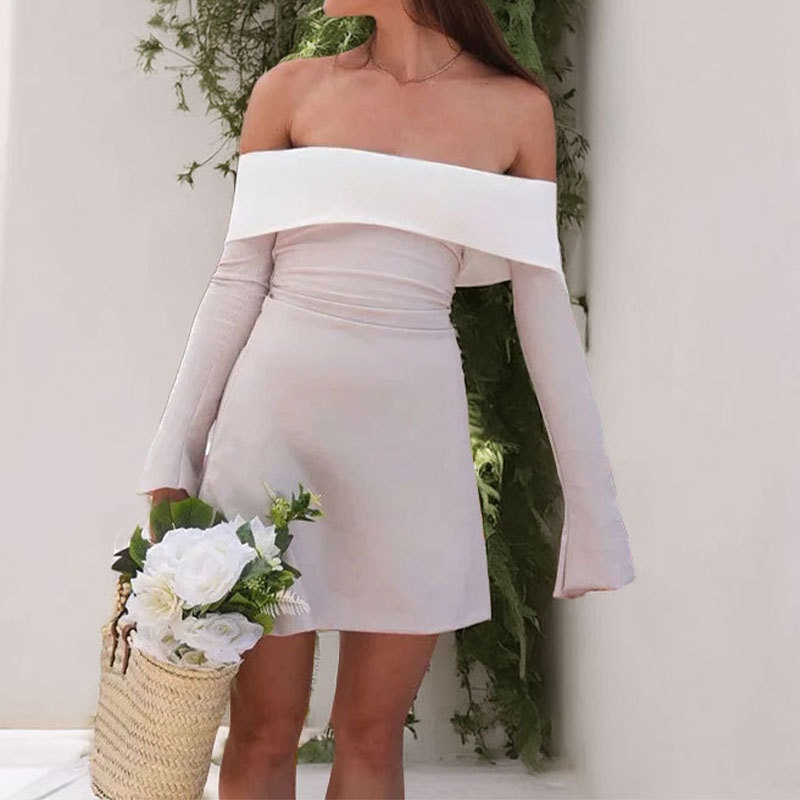Damen Slim-fit Kleid Schulterfrei Einfarbig Für Jeden Anlass_voghion.com