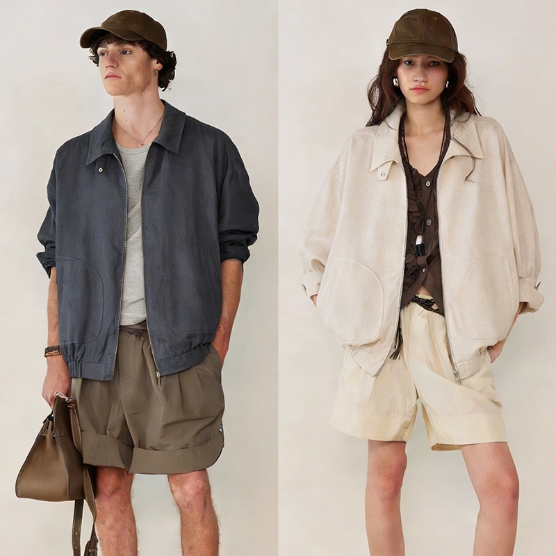 100% Linen Jacket, American Style, Spring, Loose Fit, Stand-up Collar, Zip-up, Unisex, Casual, Old Money Style Jacket_voghion.com