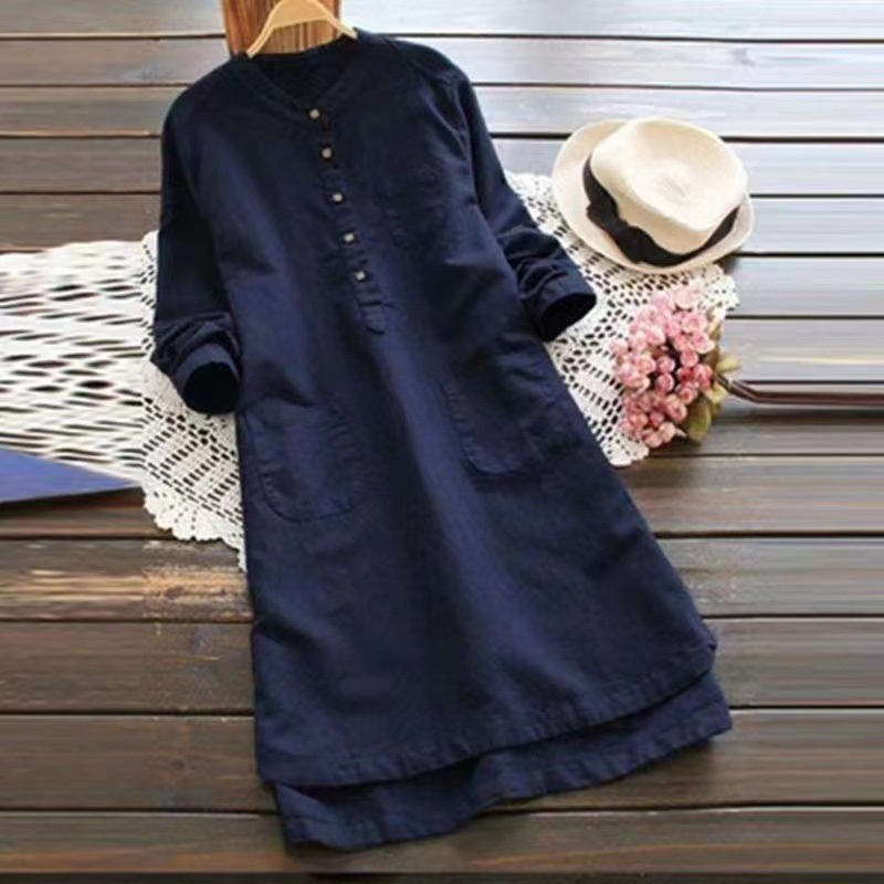 804 # Spring And Autumn Cotton-linen Mid-length Long-sleeve Shirt, Slim-fit, Stylish, Plus-size, Casual Outerwear_voghion.com
