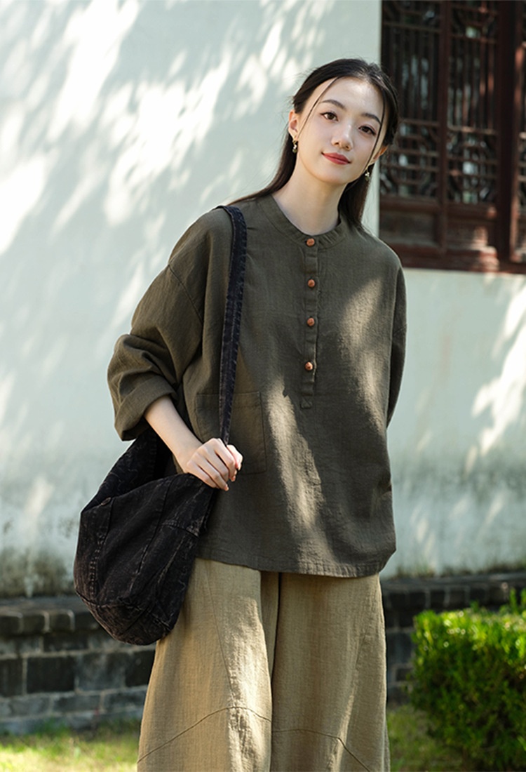 Women's Linen Blend Stand Collar Button Up Pullover Blouse Top_voghion.com