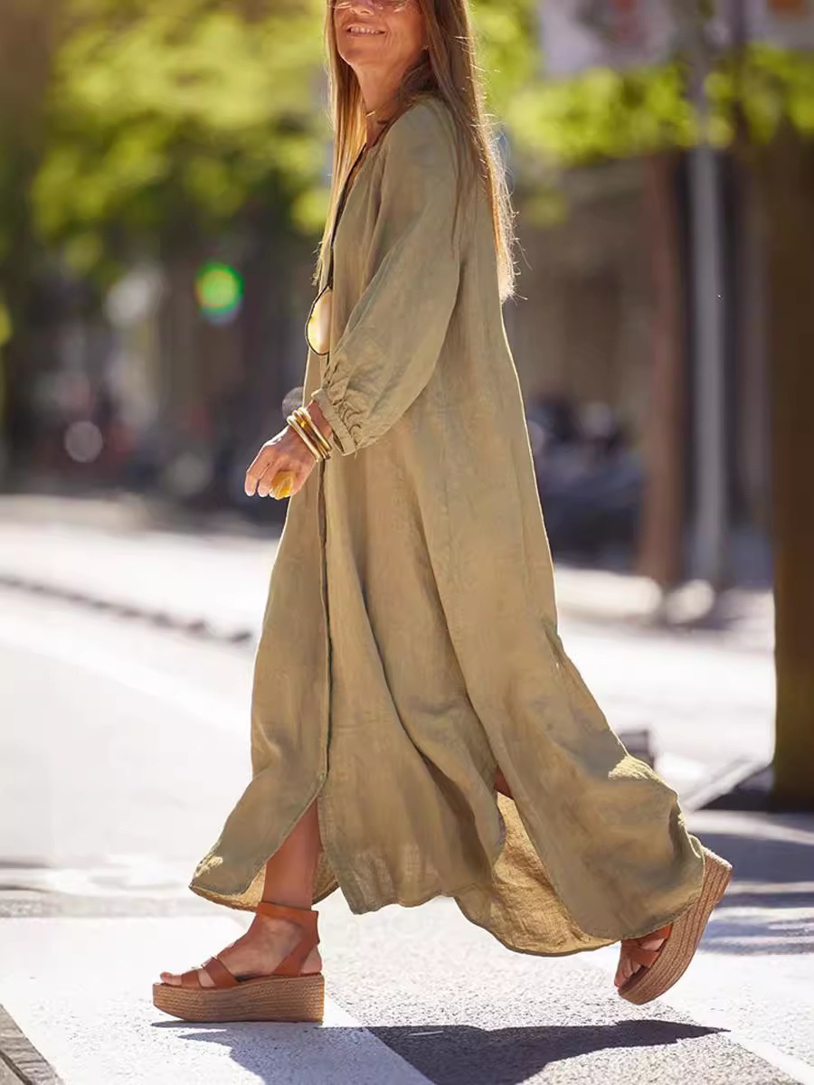 2026 Summer Women's Cotton Linen Long Dress V-neck Shirt Casual Commuting European And American Cross-border Bestseller_voghion.com