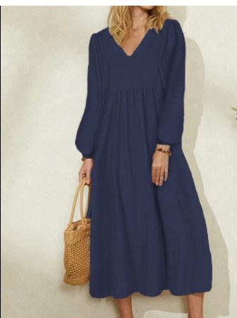 Damen Baumwoll Leinen Kleid Mit Laternärmeln Für Den Frühling_voghion.com