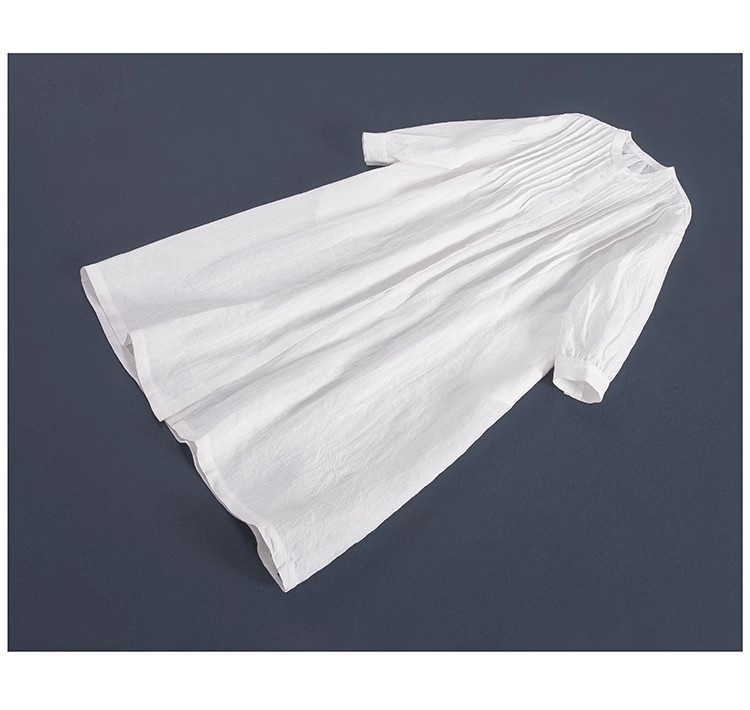 Women's Linen Shirt Dress Pleated Casual Summer Style White_voghion.com