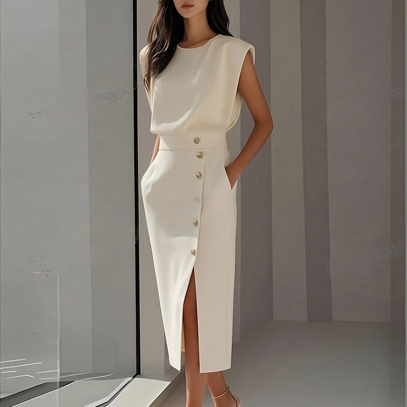 2026 Spring New Cross-Border European And American Women's Fashion Elegant French Dress With Slit, Buttons, Solid Color,_voghion.com