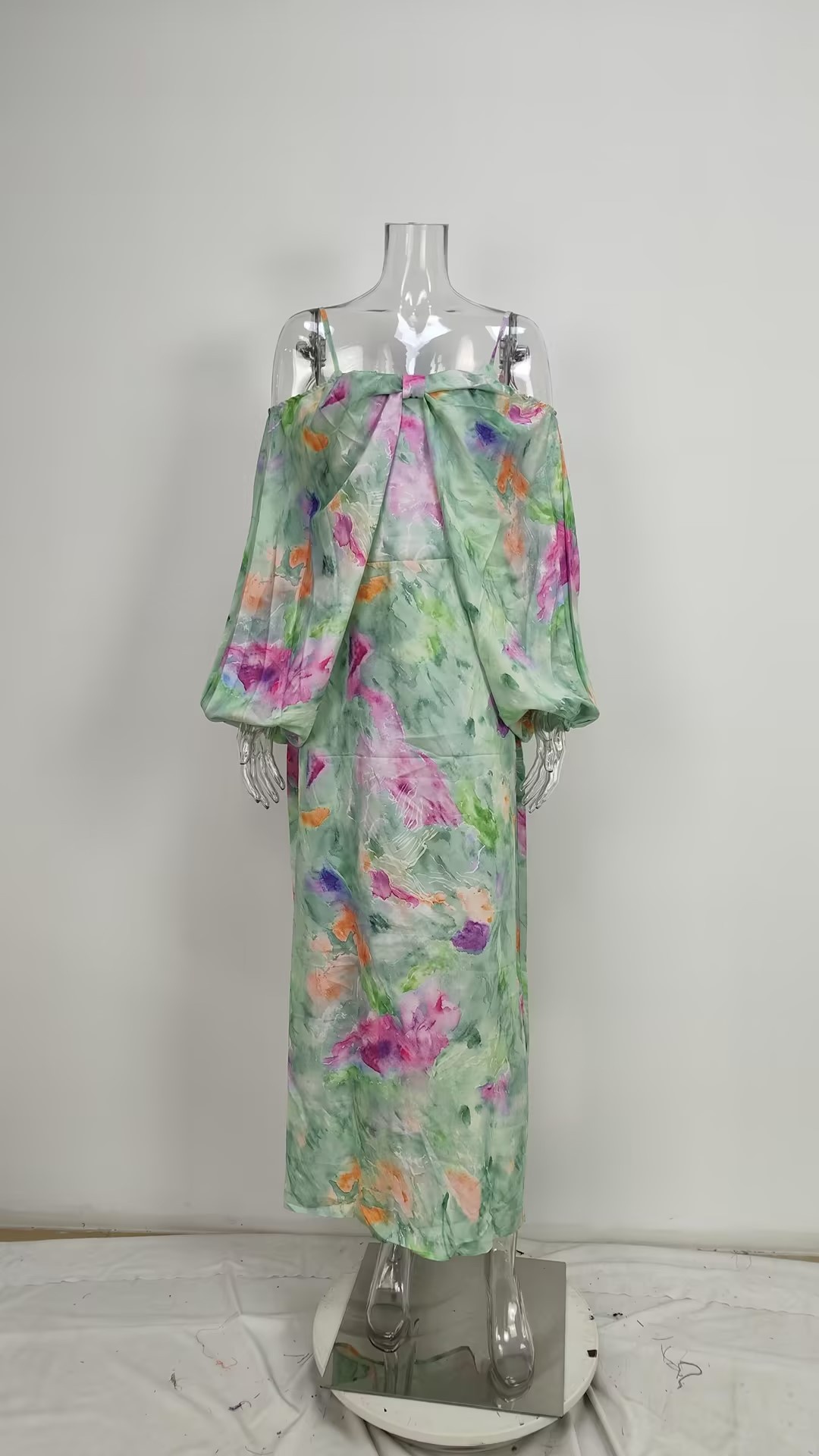 Conjunto vestido maxi mulher elegante ombros descobertos tie-dye_voghion.com