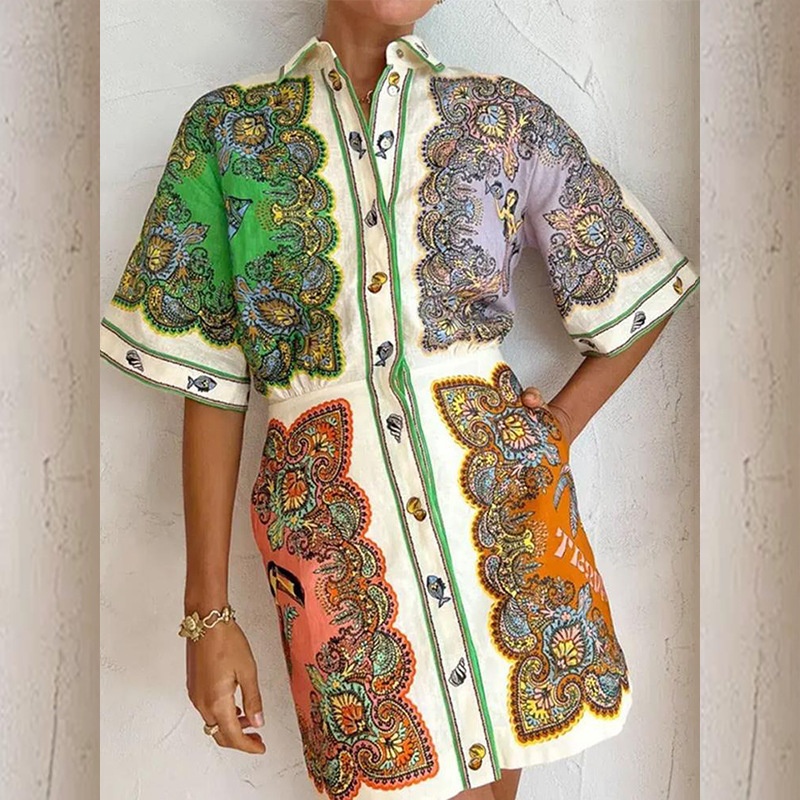 Abito camicia da donna con risvolto stampato, nuovo modello cross-border europeo e americano, primavera 2026, elegante e casual, vestibilità slim._voghion.com