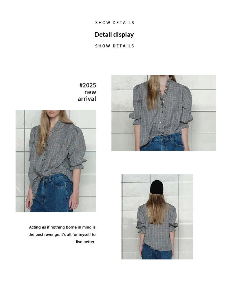 Camicia donna a quadri con scollo a v larga volant e pieghe_voghion.com