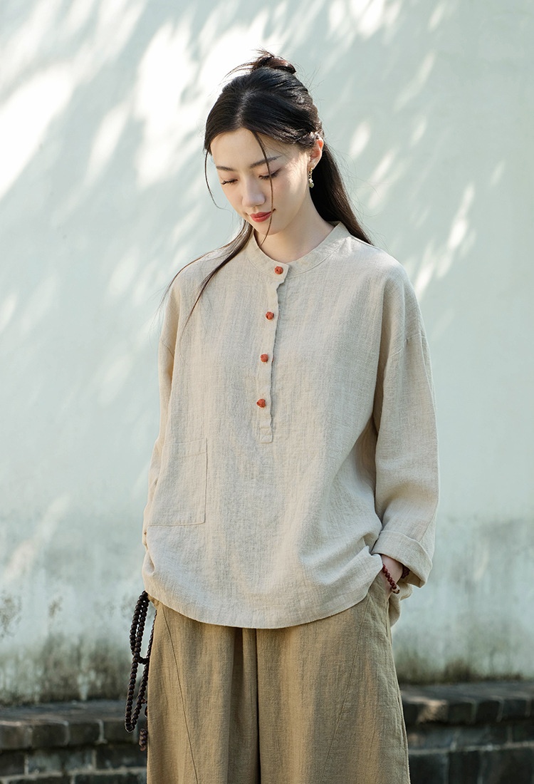 Women's Linen Blend Stand Collar Button Up Pullover Blouse Top_voghion.com