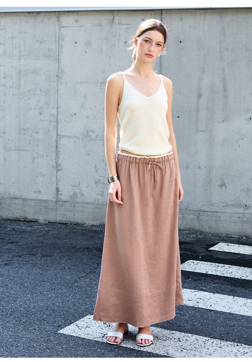 Dames linnen rok a-lijn elastische taille halflang los_voghion.com