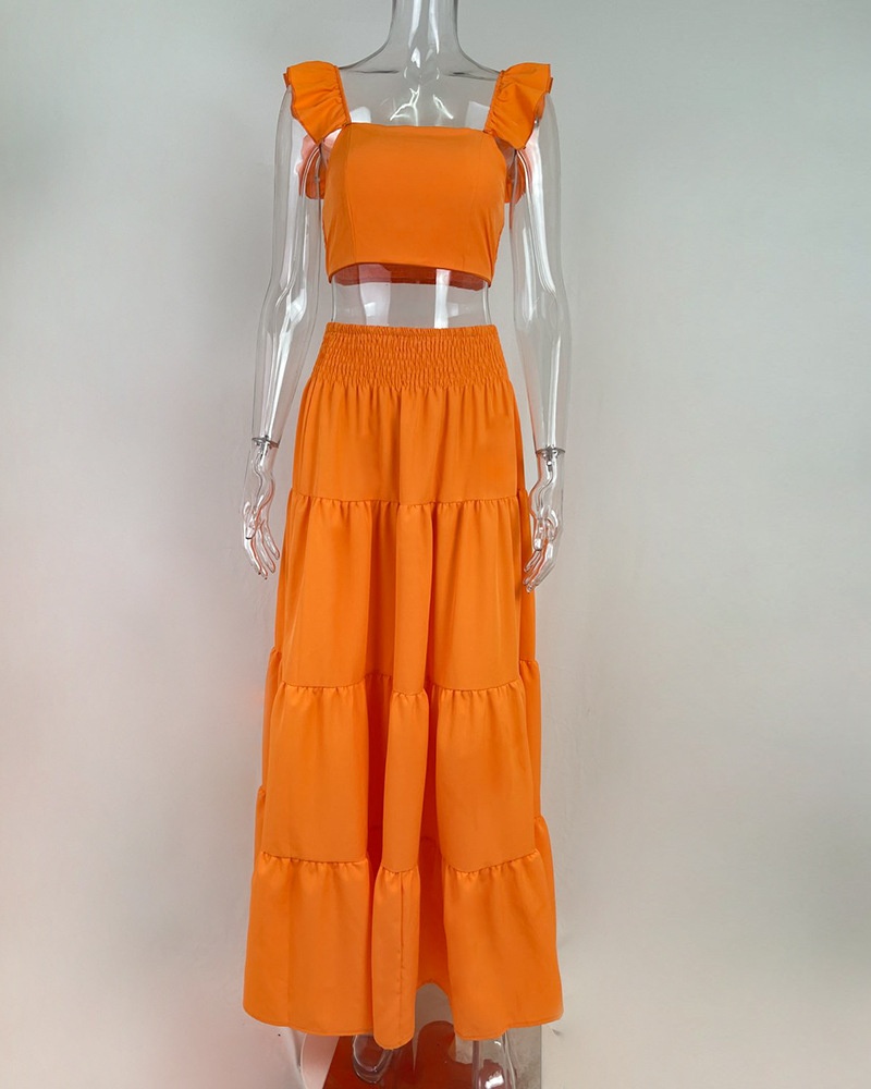 Women's Two-piece Set Solid Colour Ruffle Strap Flared Dress Set_voghion.com