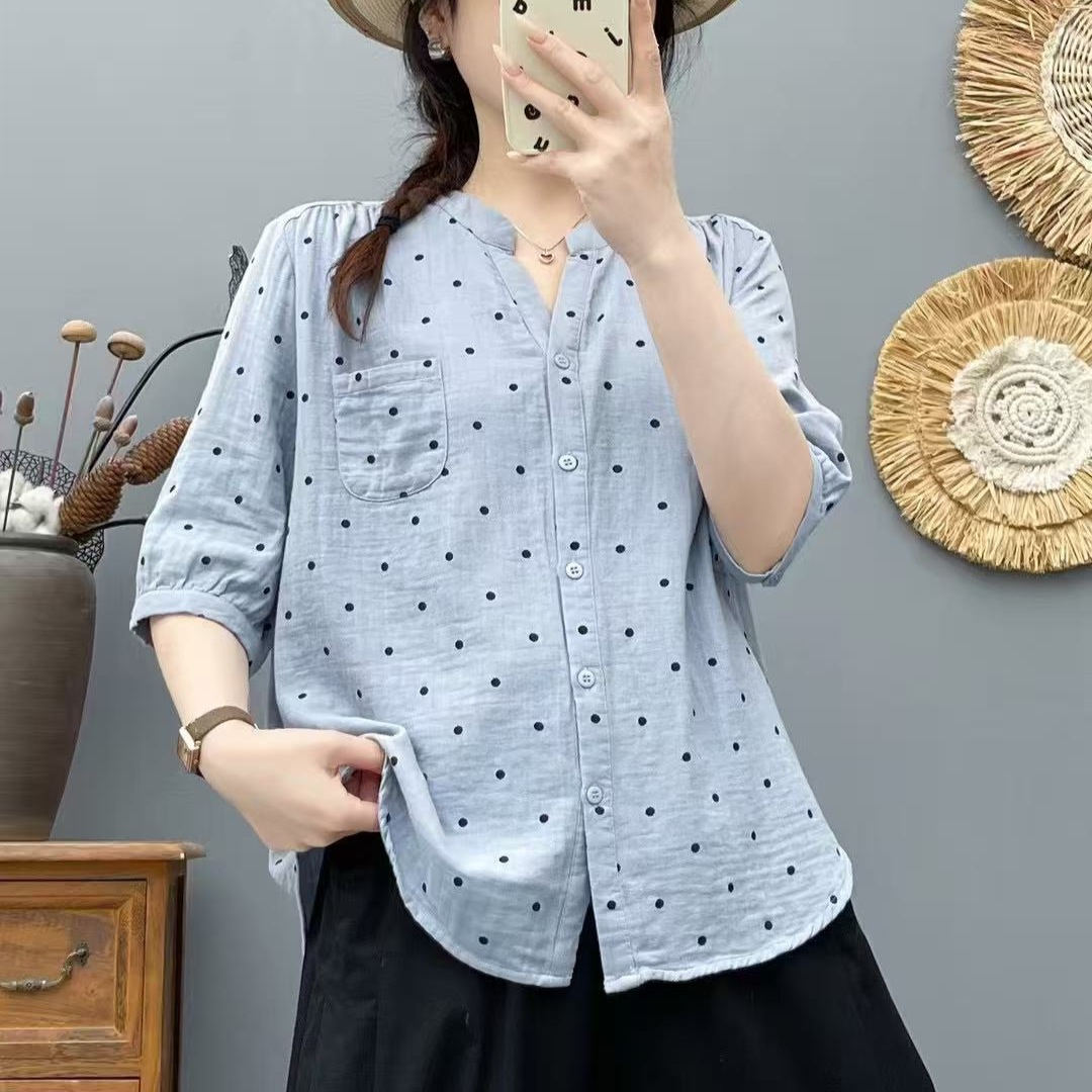 2025 Summer New Style Simple V-neck Polka Dot Print Double-layer Gauze Slimming Women's Blouse 66121_voghion.com