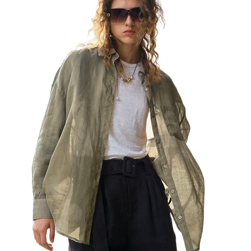 100% Long-sleeve Collared Shirt, Breathable, New Spring/summer Style, Slimming Casual, Light And Airy Women's Ramie Sun Shirt_voghion.com