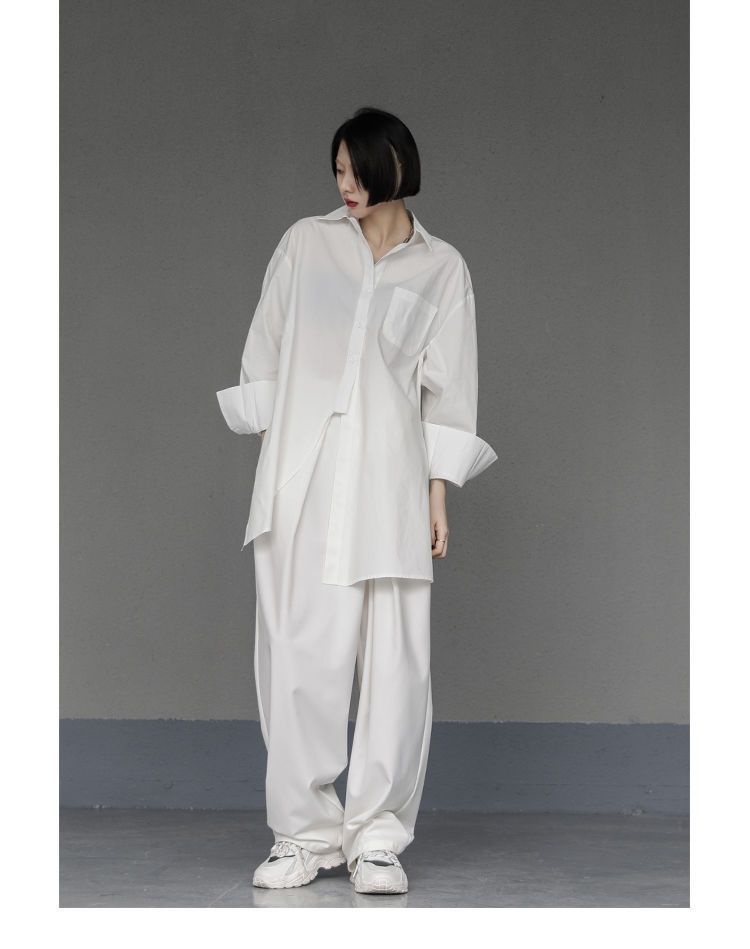 Women's Irregular Button-up Shirt Mid-length Bf Style Blouse_voghion.com