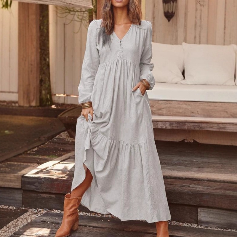 2023 Autumn Winter European And American Foreign Trade Women's Clothing Button Cotton Linen Vintage Casual Long Sleeve_voghion.com