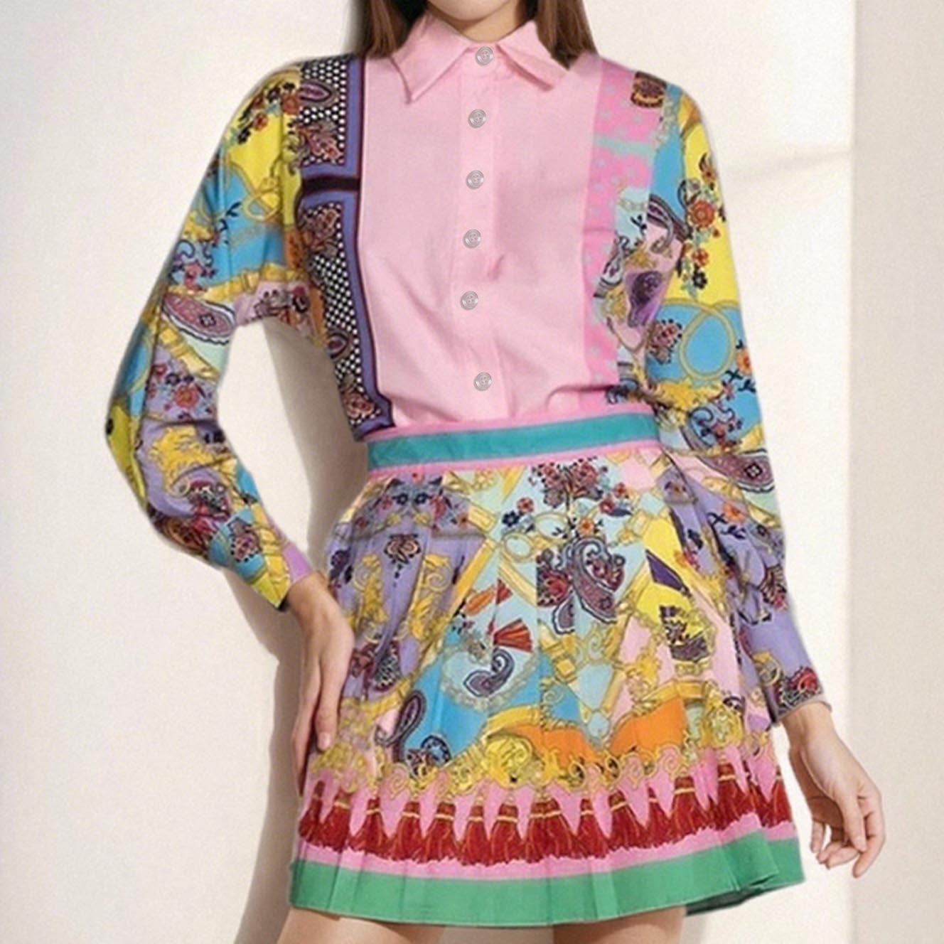 Vestido casual feminino estampado plissado de cintura alta_voghion.com