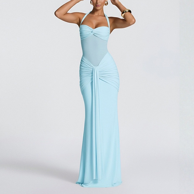 2026 Spring New Women's Clothing European And American Cross-Border Halter Neck Tie Mesh Bodycon Long Dress_voghion.com