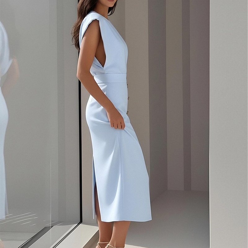 Elegant damklänning med slits och knappar i fransk stil_voghion.com