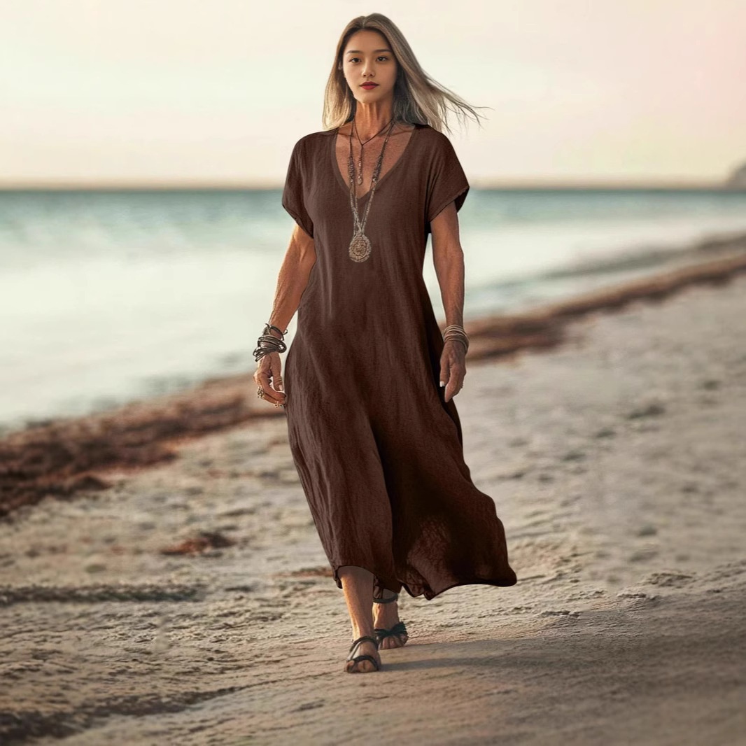 Frühjahr/Sommer 2025 Cross-Border Exklusives Baumwoll-Leinen-Kleid mit V-Ausschnitt, kurzen Ärmeln und lockerem Schnitt – ein lässiges Damen-Urlaubskleid im Cross-Border-Stil_voghion.com