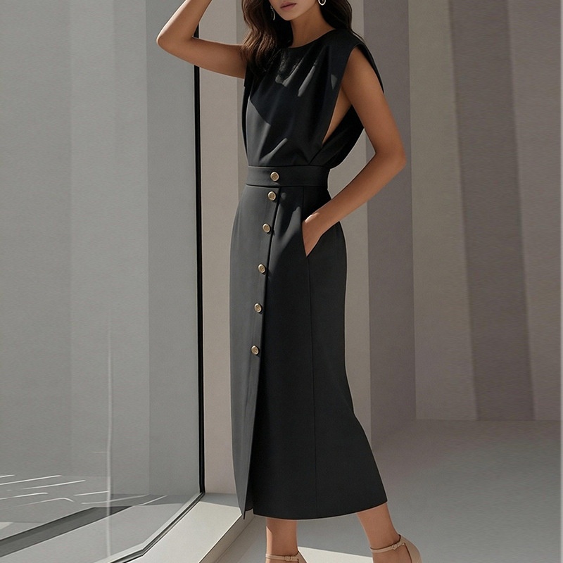 Elegant damklänning med slits och knappar i fransk stil_voghion.com