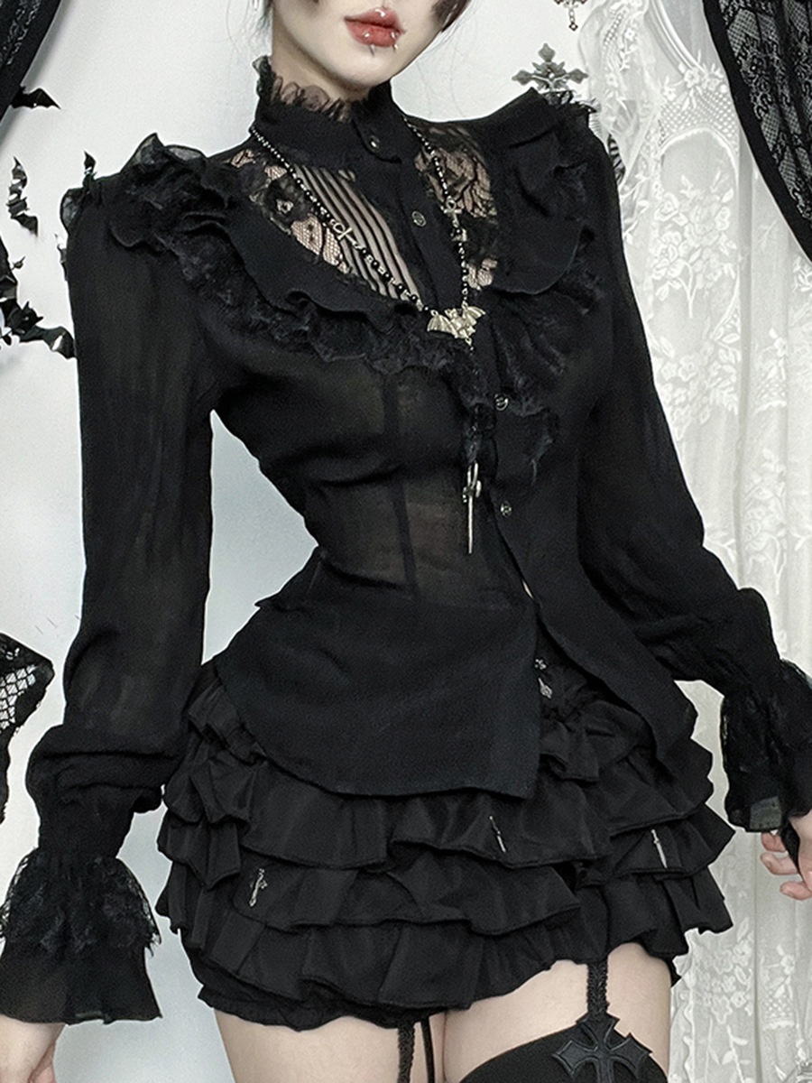 Damen Langarmbluse Mit Spitze Und Cut-outs Im Dark Style_voghion.com