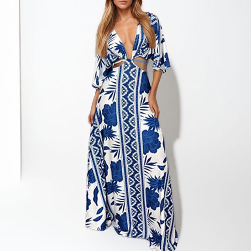2026 Spring New European And American Women's Fashion Printed Sexy Deep V Waist-Revealing Strap Dress 661_voghion.com