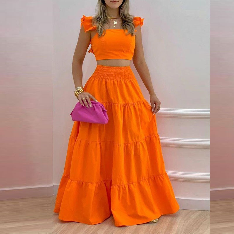 2026 Spring New European And American Cross-Border Wo's Solid Color Sexy Ruffle Strap Flared Skirt Fashion Set For_voghion.com