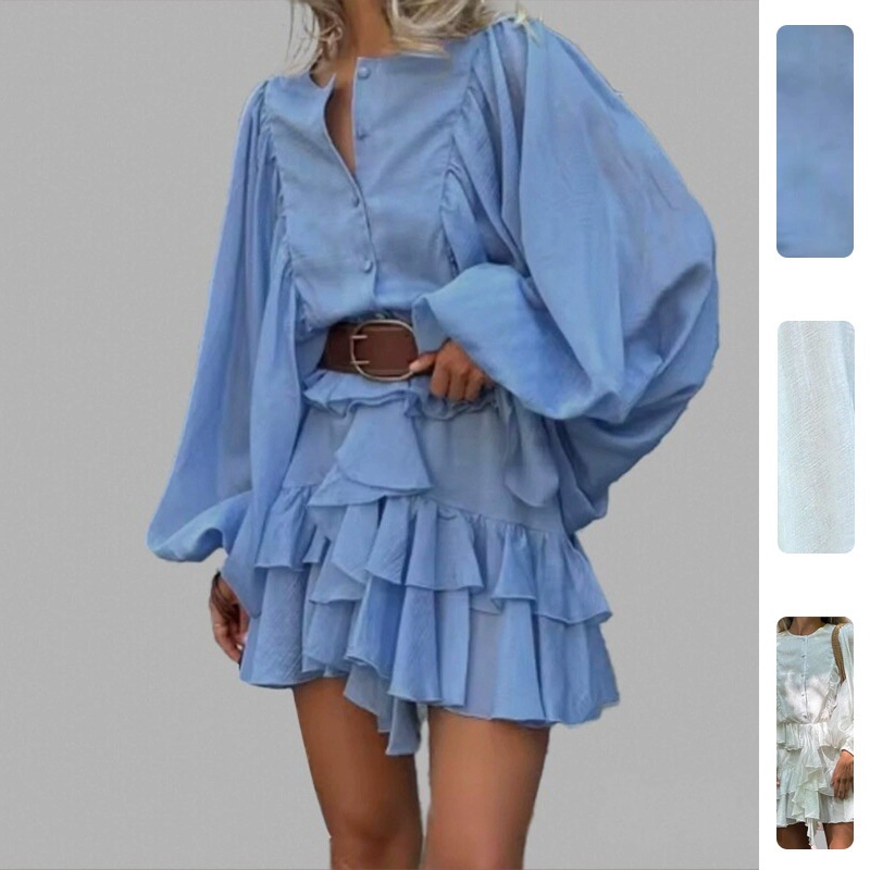 European And American Style Cross-Border Women's Spring French High-Waisted Puff Sleeve Ruffle Short Dress_voghion.com