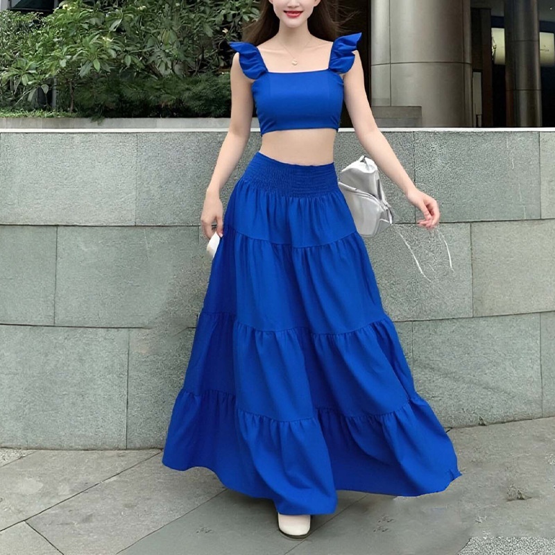 Women's Two-piece Set Solid Colour Ruffle Strap Flared Dress Set_voghion.com