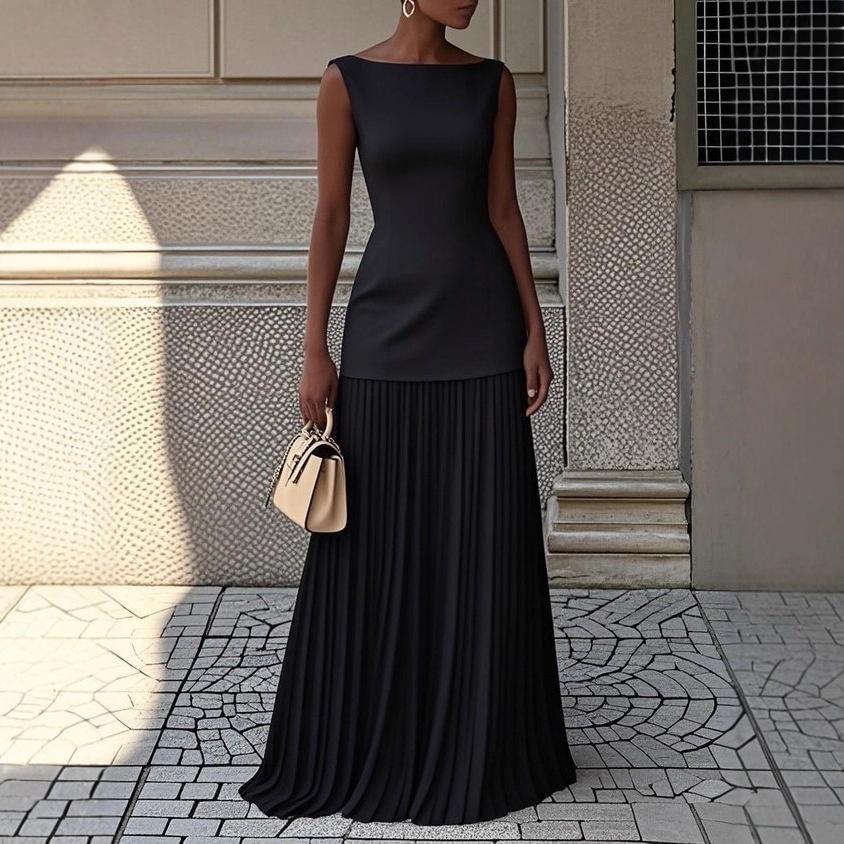 Elegant Women's Dress Slim Fit Pleated Solid Colour Party Gown_voghion.com