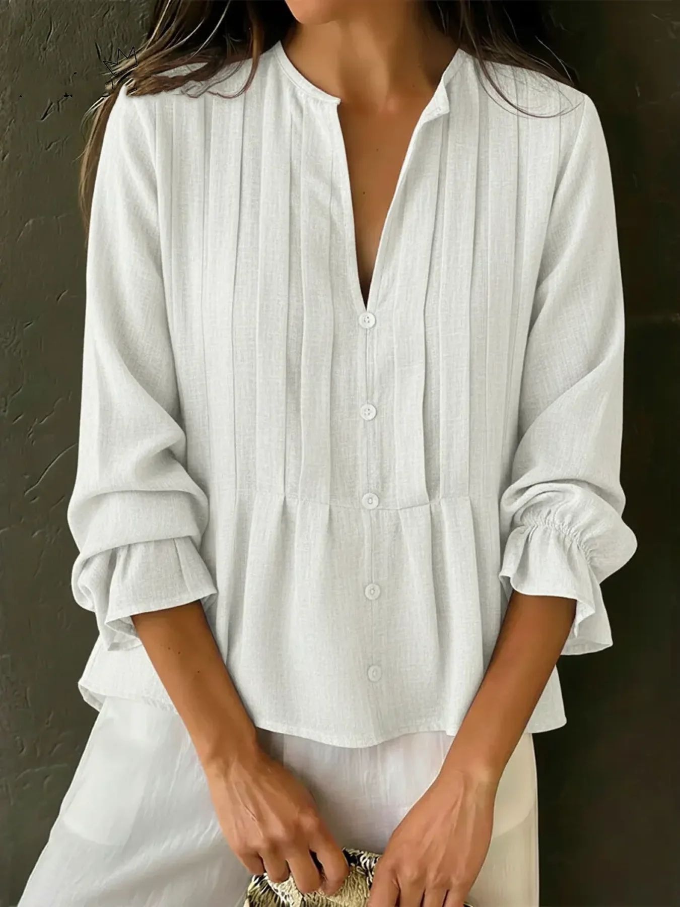 Women's V-neck Blouse Casual Long Sleeve Solid Colour Top For Spring_voghion.com